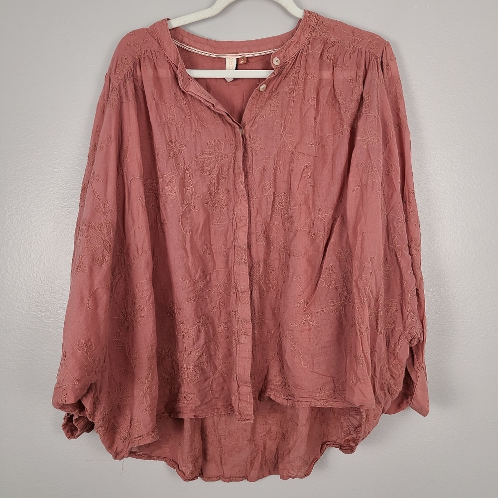 Anthropologie Pilcro Mauve Pink Cotton Floral Embroidered Button-up Batwing Top